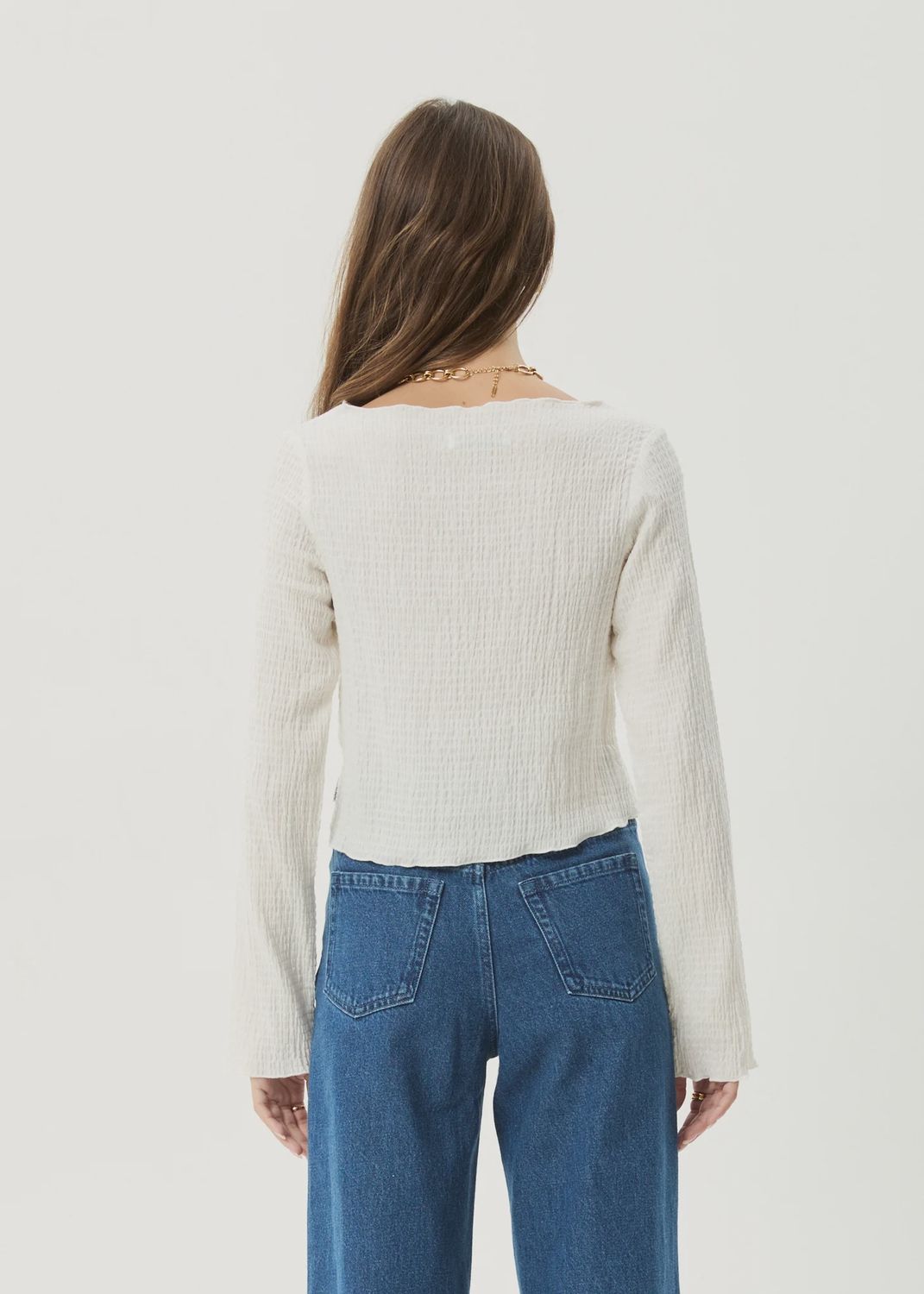 AFENDS WOMENS FOCUS SEERSUCKER LS TOP - OFF WHITE