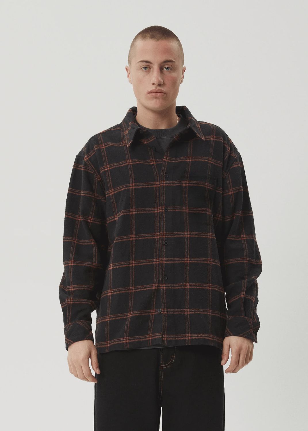 AFENDS MENS TERROR FLANNEL LS SHIRT - BLACK CHECK