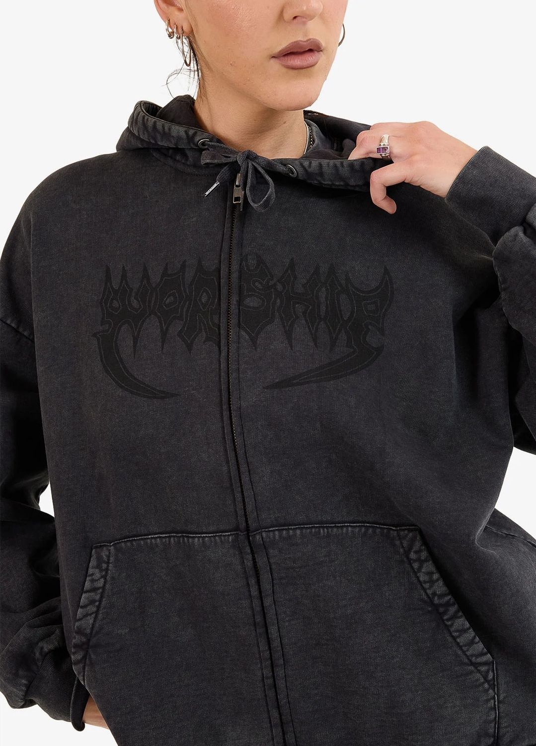 WORSHIP WOMENS KISS ME ZIP FRONT HOOD - BLACK