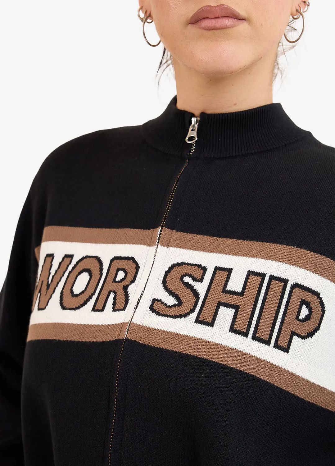 WORSHIP WOMENS BRASSY ZIP FRONT KNIT JACKET - BLACK