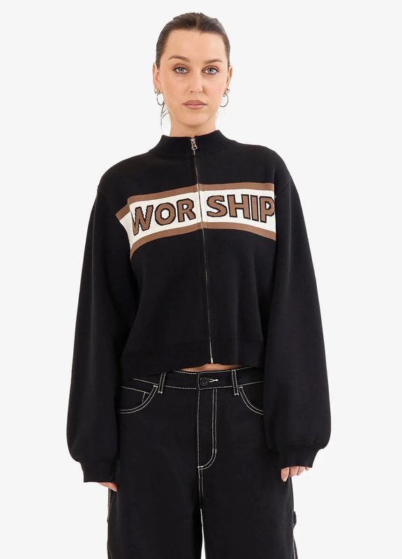 WORSHIP WOMENS BRASSY ZIP FRONT KNIT JACKET - BLACK