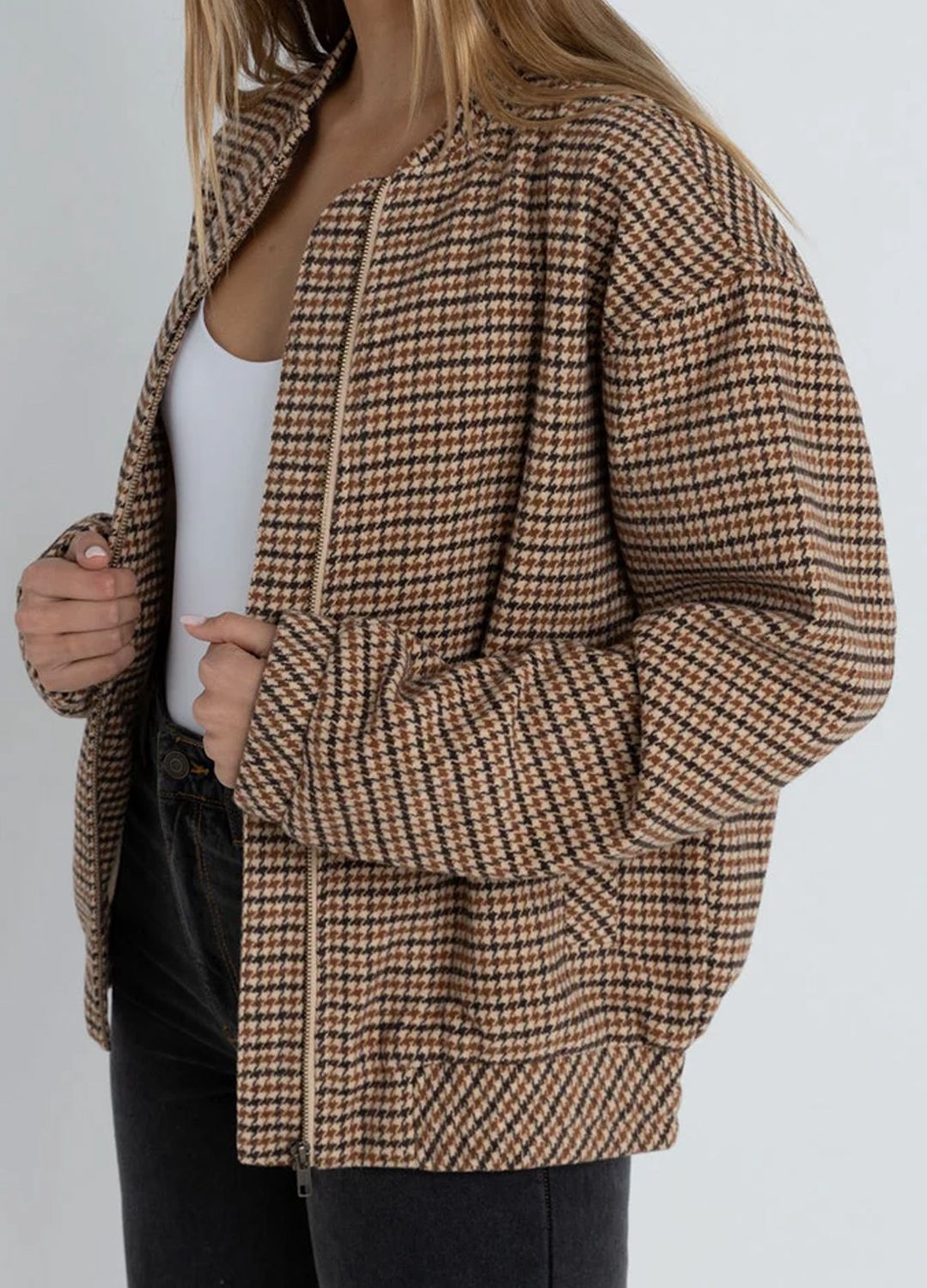 RHYTHM WOMENS LUCA OVERSIZED CHECK BOMBER JACKET - BROWN
