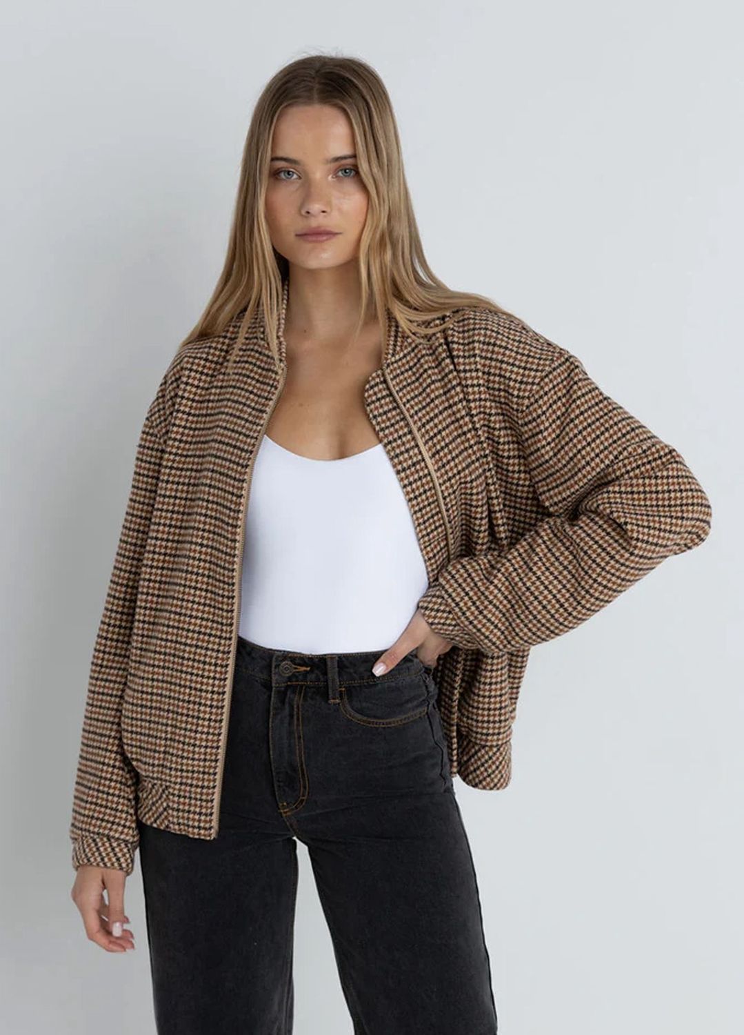 RHYTHM WOMENS LUCA OVERSIZED CHECK BOMBER JACKET - BROWN