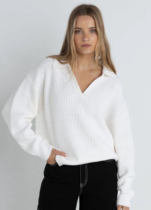 RHYTHM WOMENS MUSE V-NECK COLLARED JUMPER - WHITE