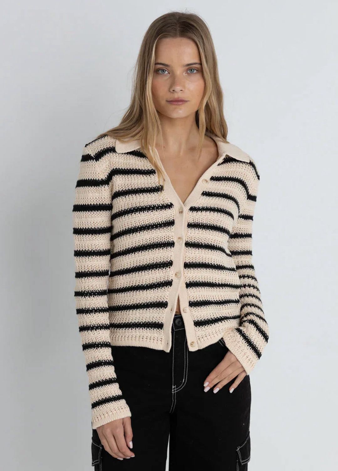 RHYTHM WOMENS HIGHLINE STRIPE LONG SLEEVE KNIT TOP - VINTAGE WHITE