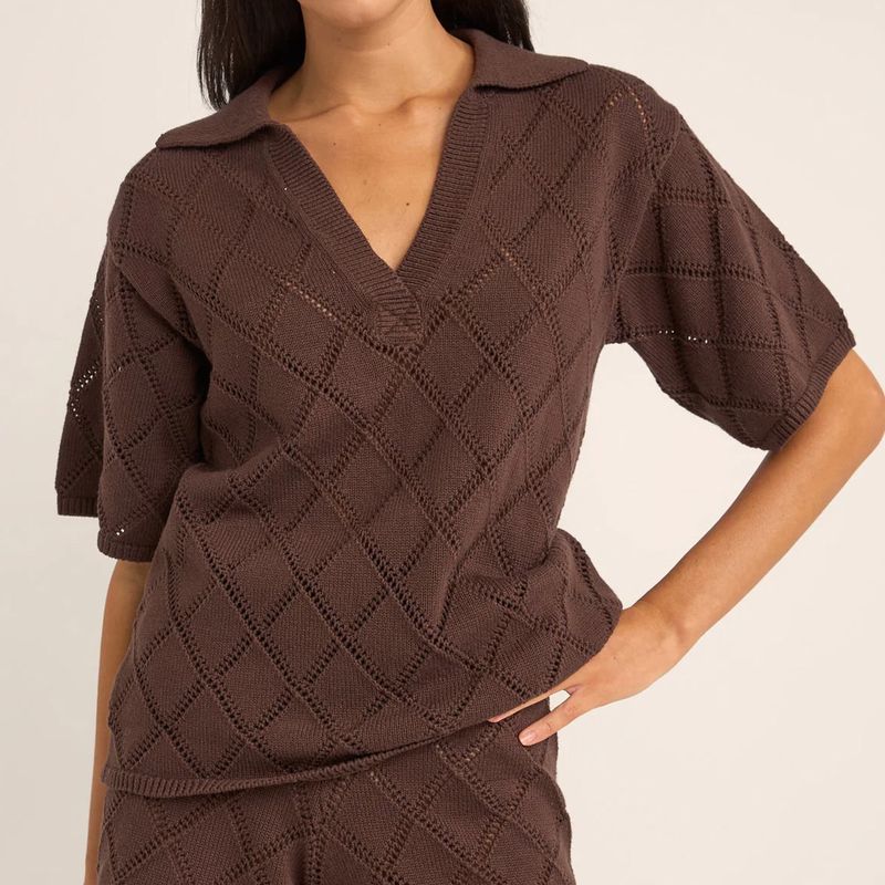 RHYTHM LADIES ISLANDER COLLARED KNIT SHIRT - CHOCOLATE