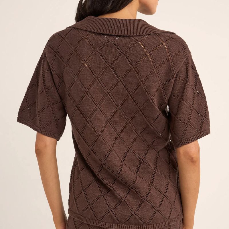 RHYTHM LADIES ISLANDER COLLARED KNIT SHIRT - CHOCOLATE
