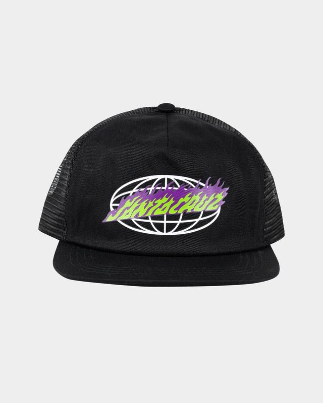 SANTA CRUZ BOYS GLOBAL FLAME STRIP TRUCKER CAP - BLACK