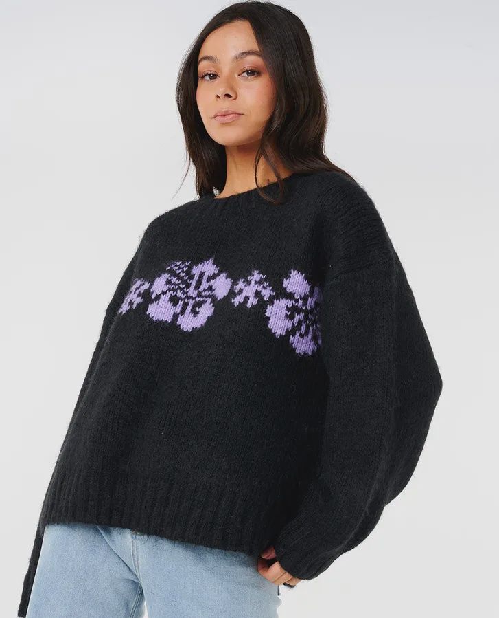 RIP CURL WOMENS CALA NIGHTS HIBISCUS KNIT CREW - BLACK