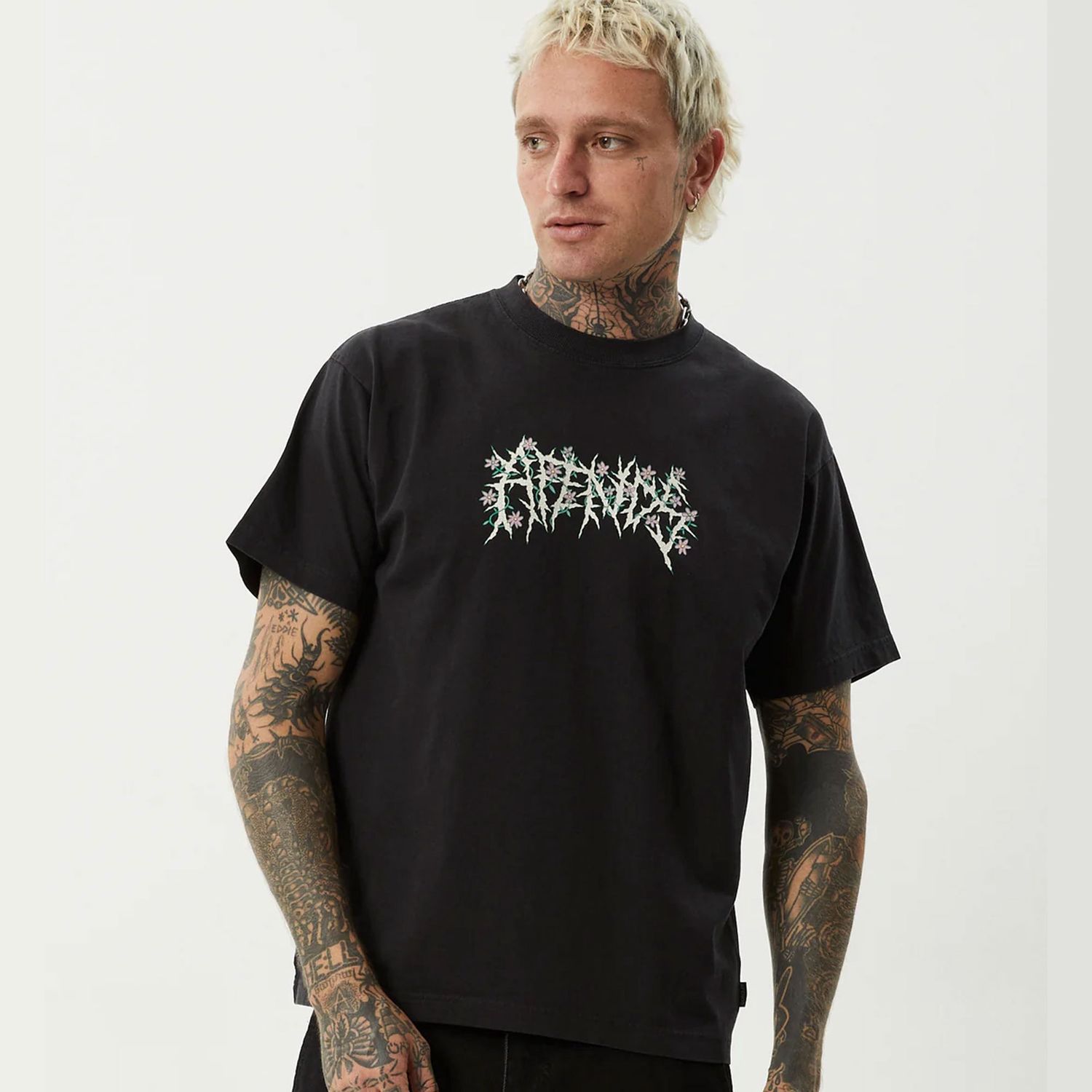 AFENDS MENS HEAVY PETAL HEAVYWEIGHT BOXY SS TEE - STONE BLACK