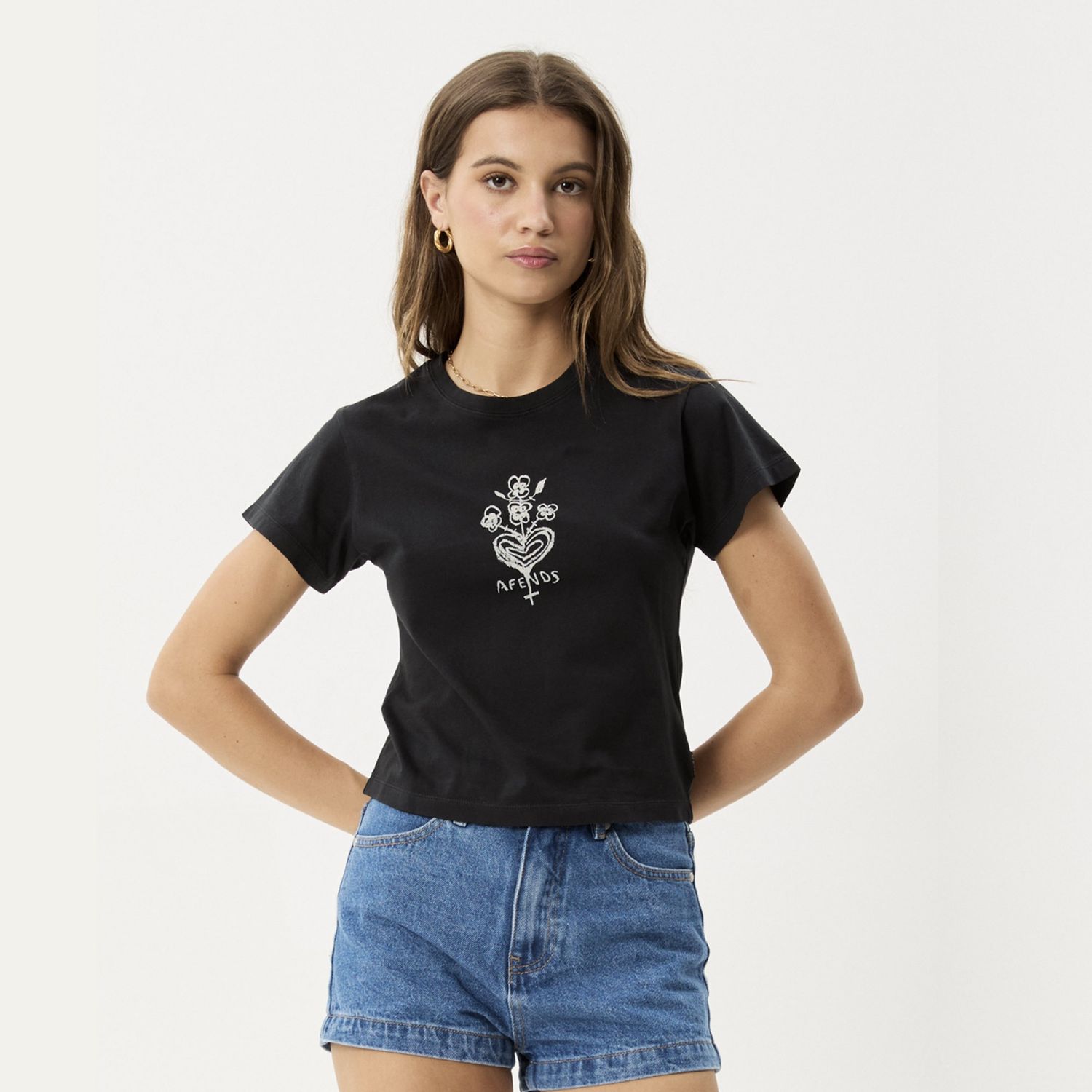 AFENDS WOMENS MAISIE SS BABY TEE - STONE BLACK