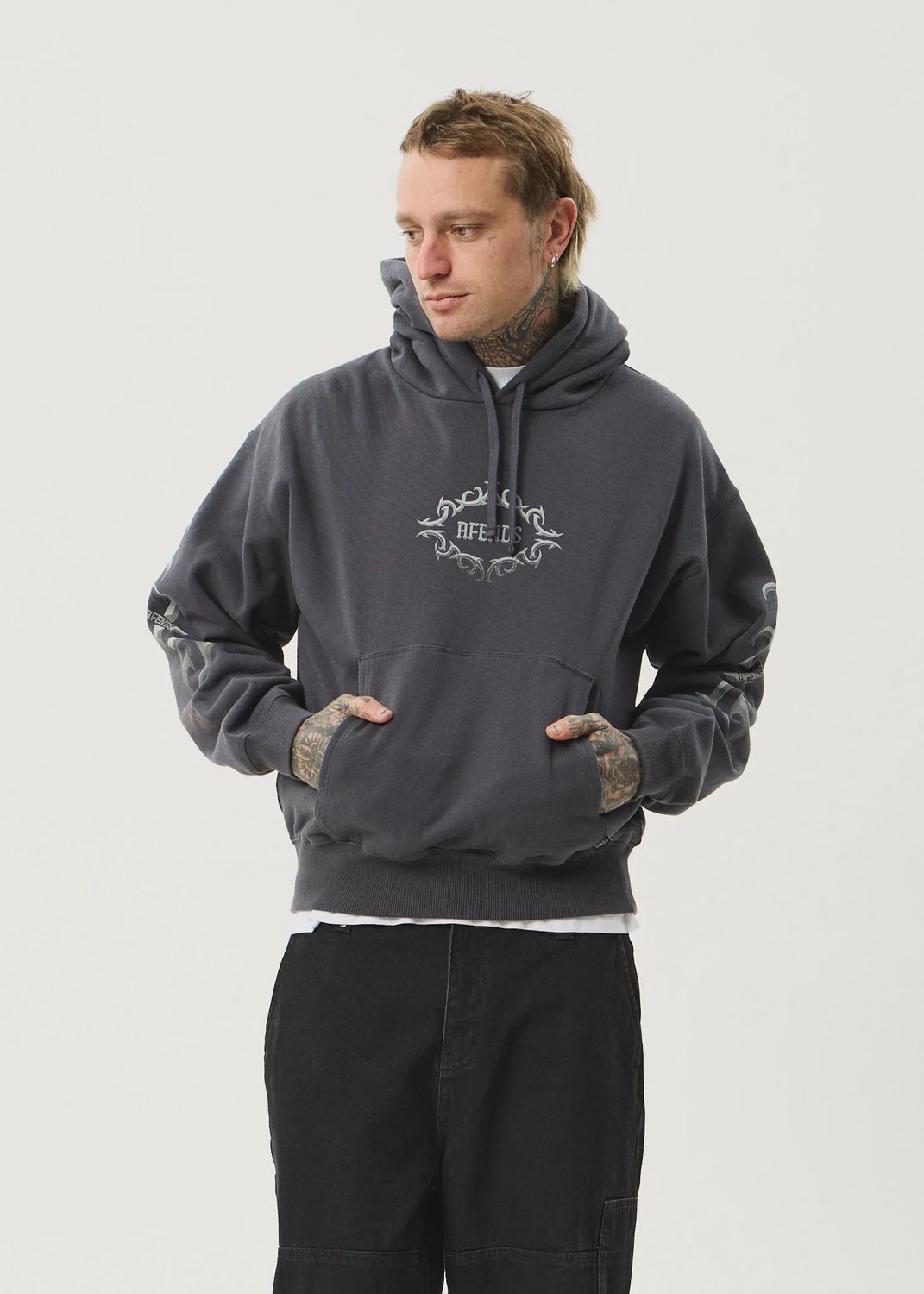 AFENDS MENS MY TRIBE BOXY HOODIE - CHARCOAL