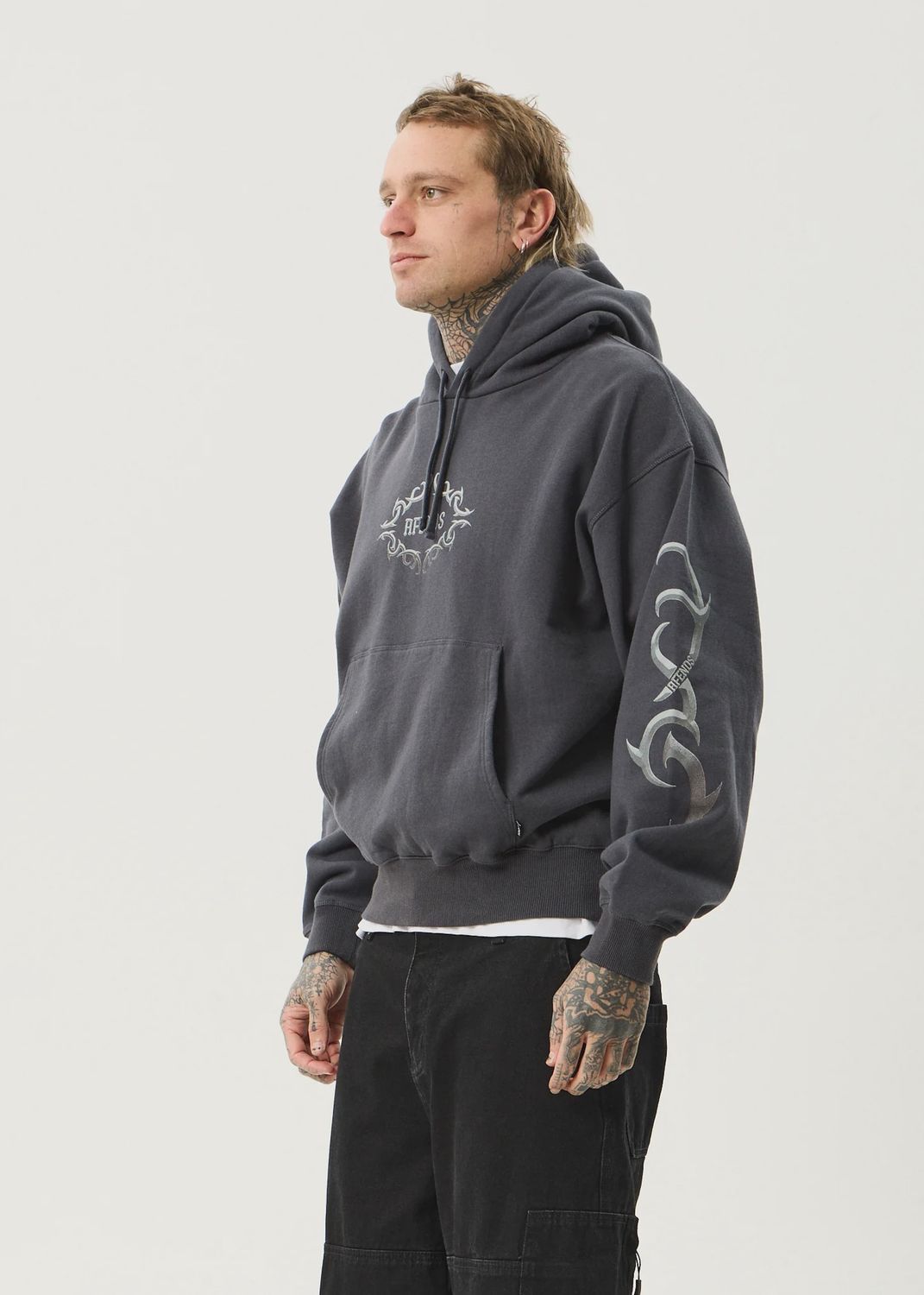 AFENDS MENS MY TRIBE BOXY HOODIE - CHARCOAL