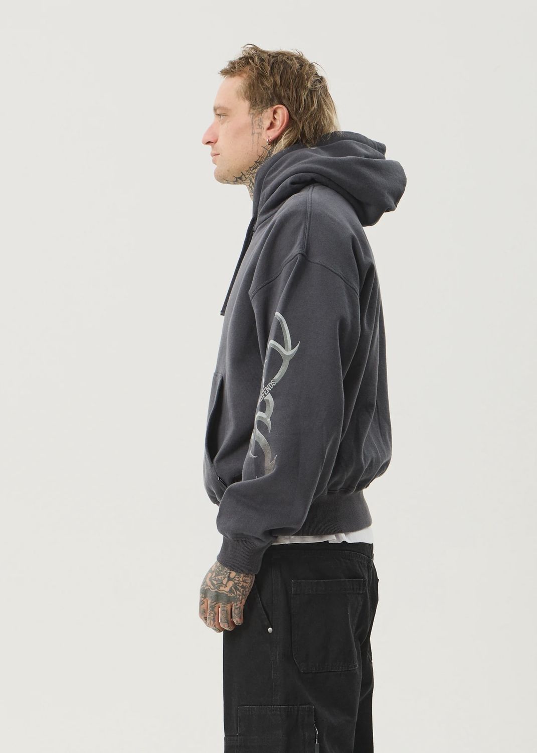 AFENDS MENS MY TRIBE BOXY HOODIE - CHARCOAL