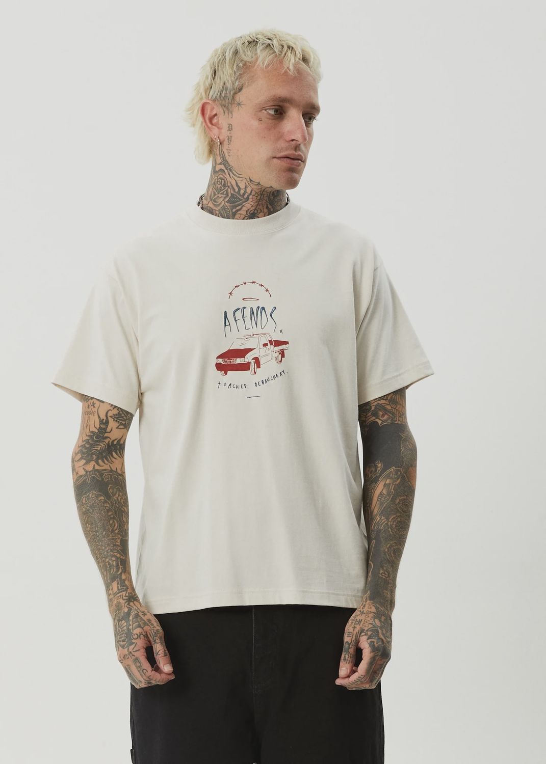 AFENDS MENS TRAYBACK BOXY SS TEE - MOONBEAM