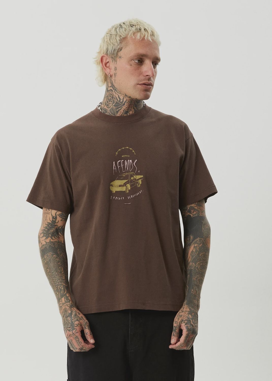 AFENDS MENS TRAYBACK BOXY SS TEE - COFFEE