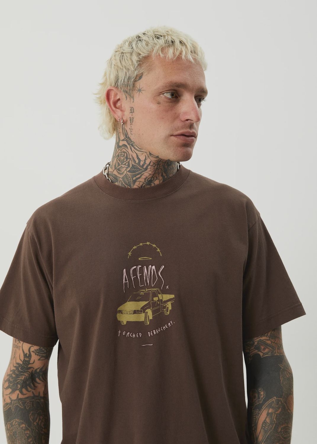 AFENDS MENS TRAYBACK BOXY SS TEE - COFFEE