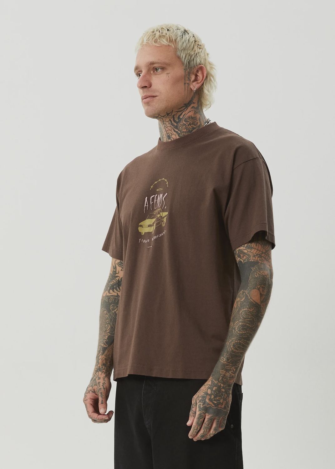 AFENDS MENS TRAYBACK BOXY SS TEE - COFFEE