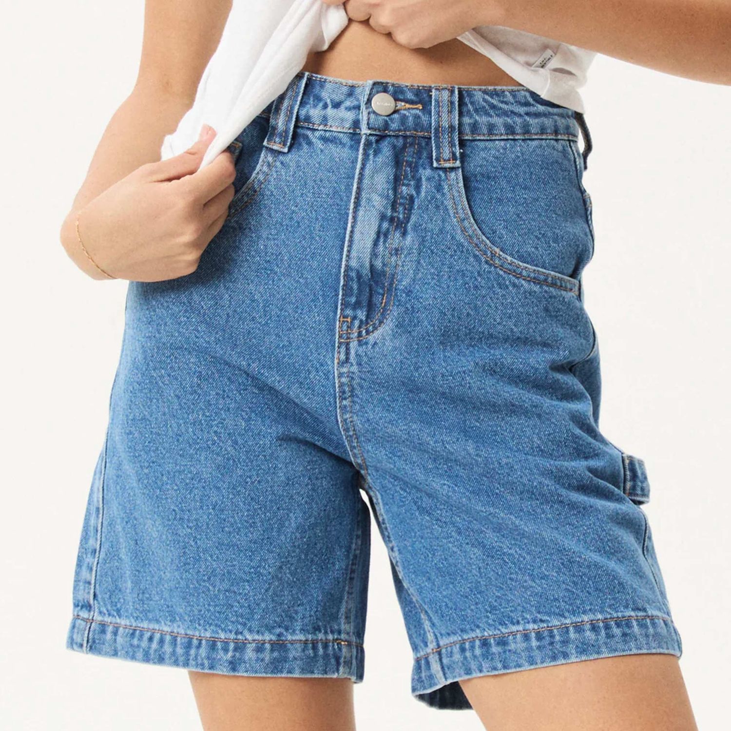 AFENDS WOMENS EMILIE DENIM WORKWEAR SHORT - WORN BLUE