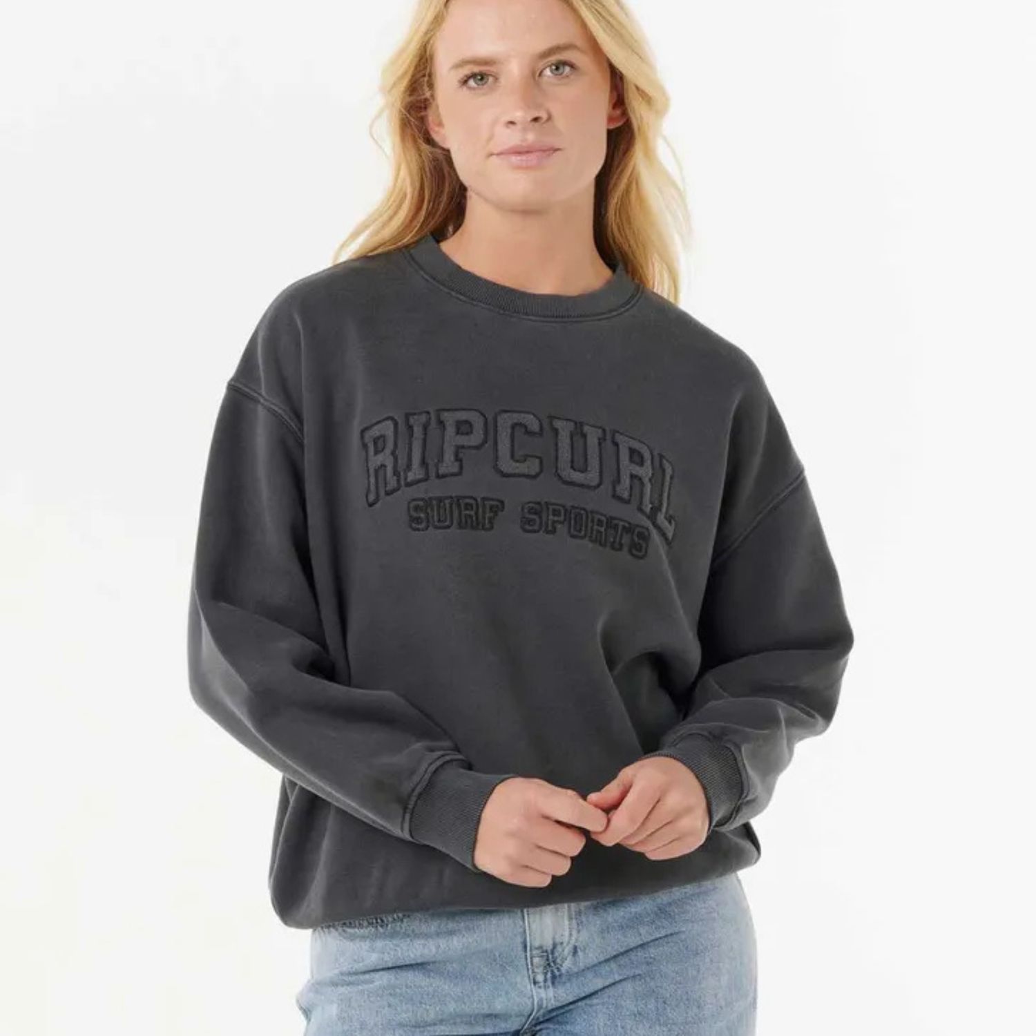 RIP CURL WOMENS VARSITY SPORTS OS CREW - WASHED BLACK