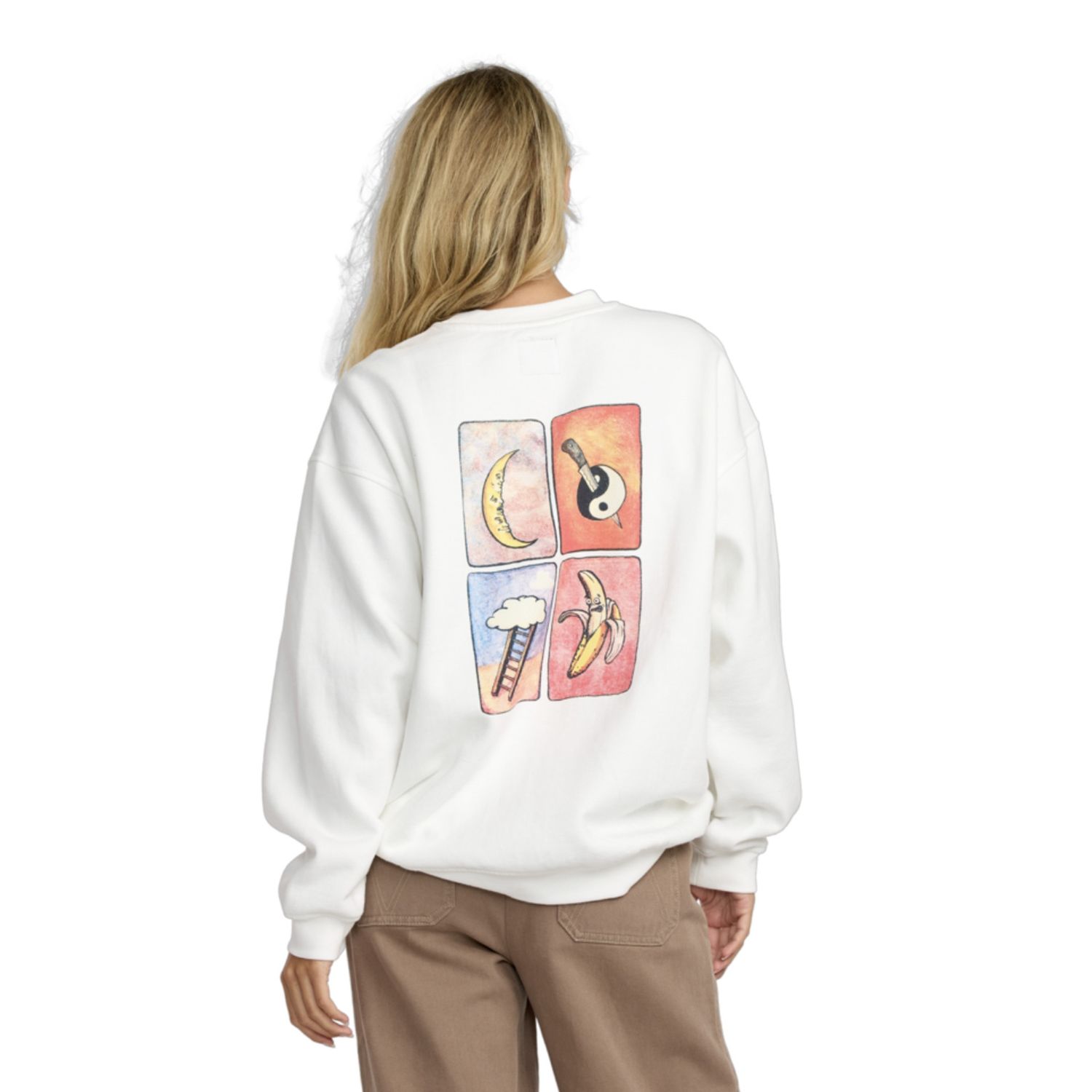 RVCA WOMENS SPANKY LOTERIA FLEECE CREW - VINTAGE WHITE