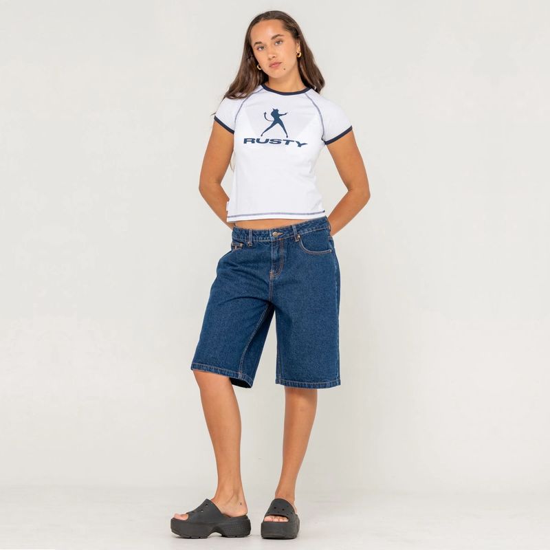 RUSTY WOMENS BETHANY BAGGY LOW RISE DENIM JORT - DEEP SEA BLUE