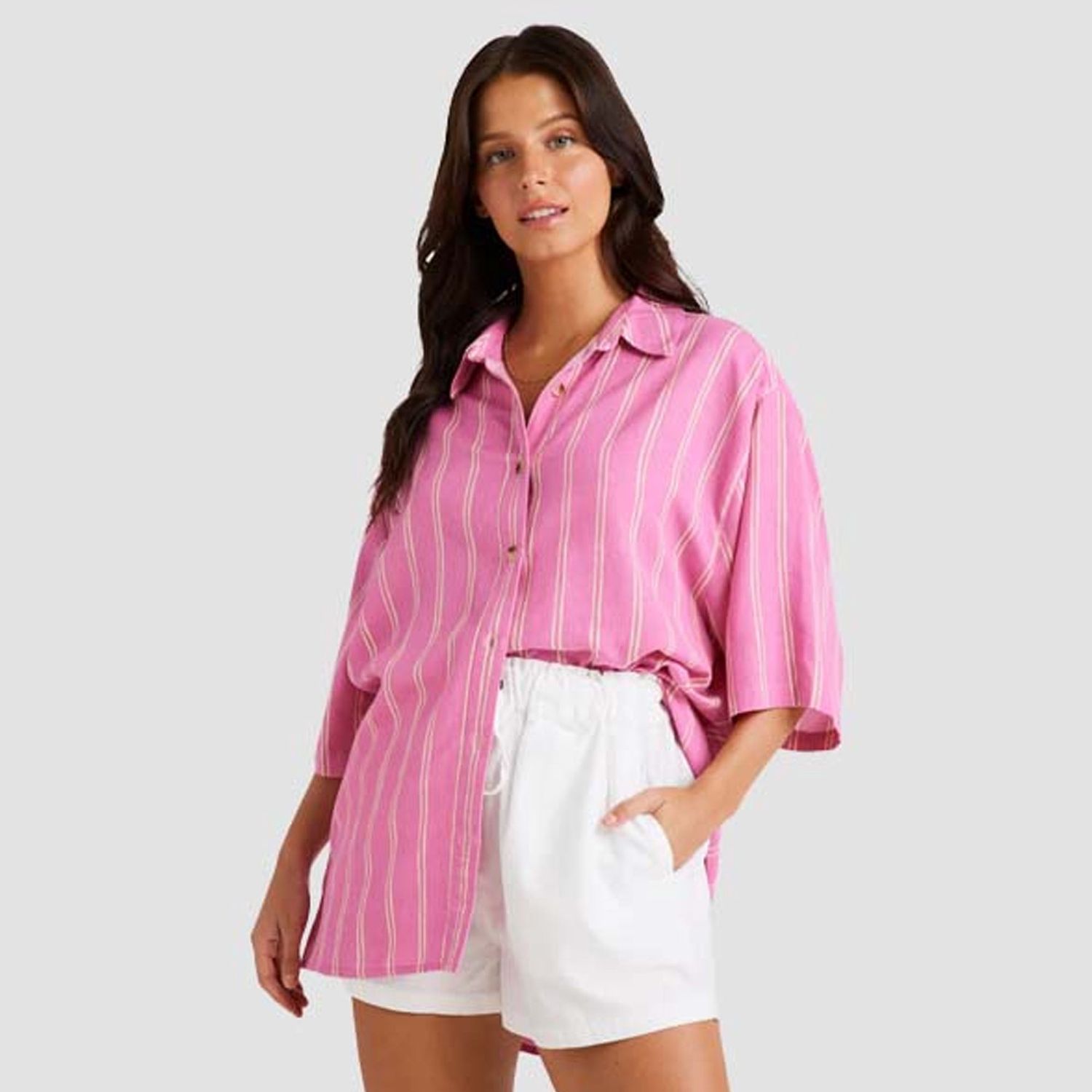 BILLABONG LADIES AMOR STRIPE S/S SHIRT - DAHLIA 2