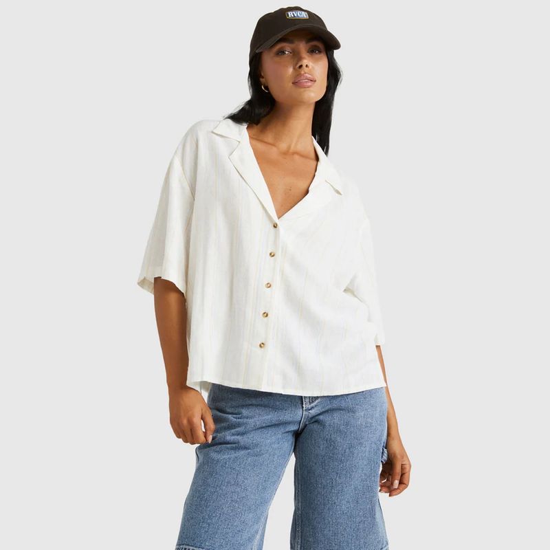 RVCA LADIES BEAT STRIPE S/S OVERSHIRT - CLOUD