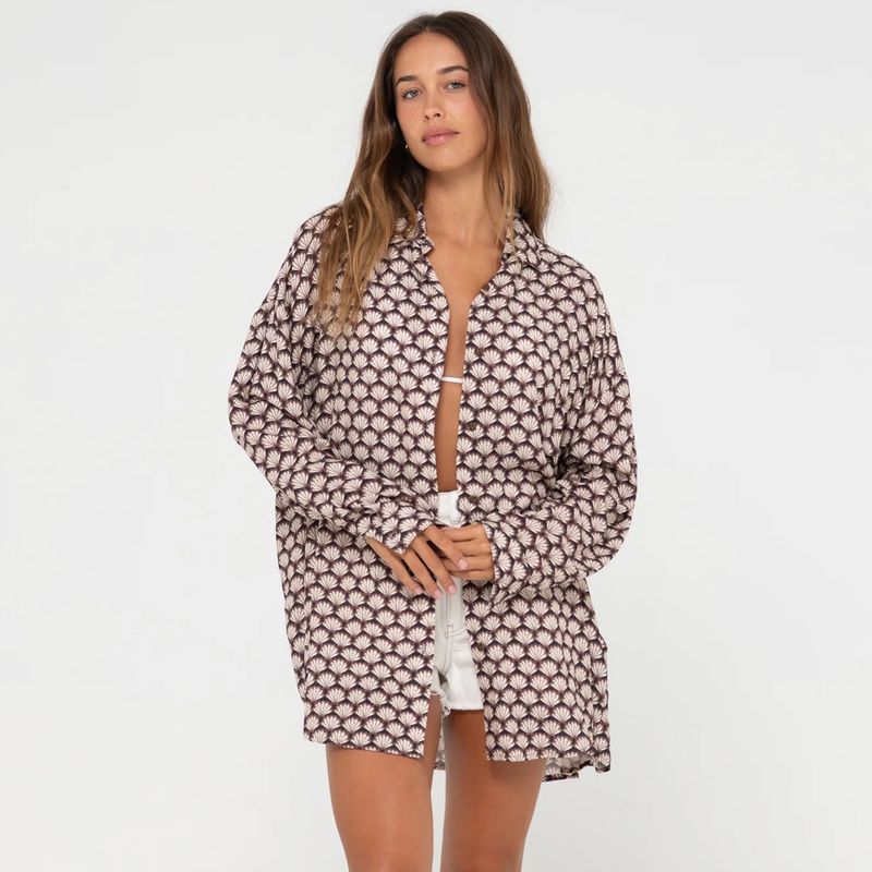 RUSTY LADIES SORRENTO OVERSIZED L/S SHIRT - TUSCAN BROWN