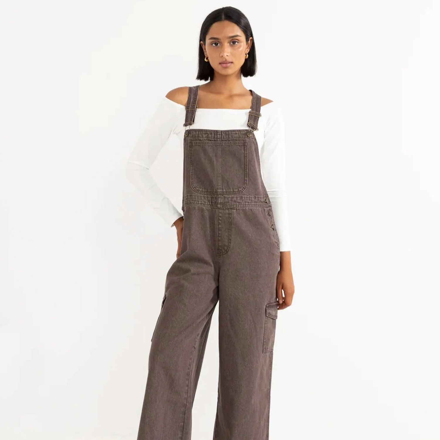 RHYTHM WOMENS CHARLIE WIDE LEG CARGO OVERALLS  - CHOCOLATE