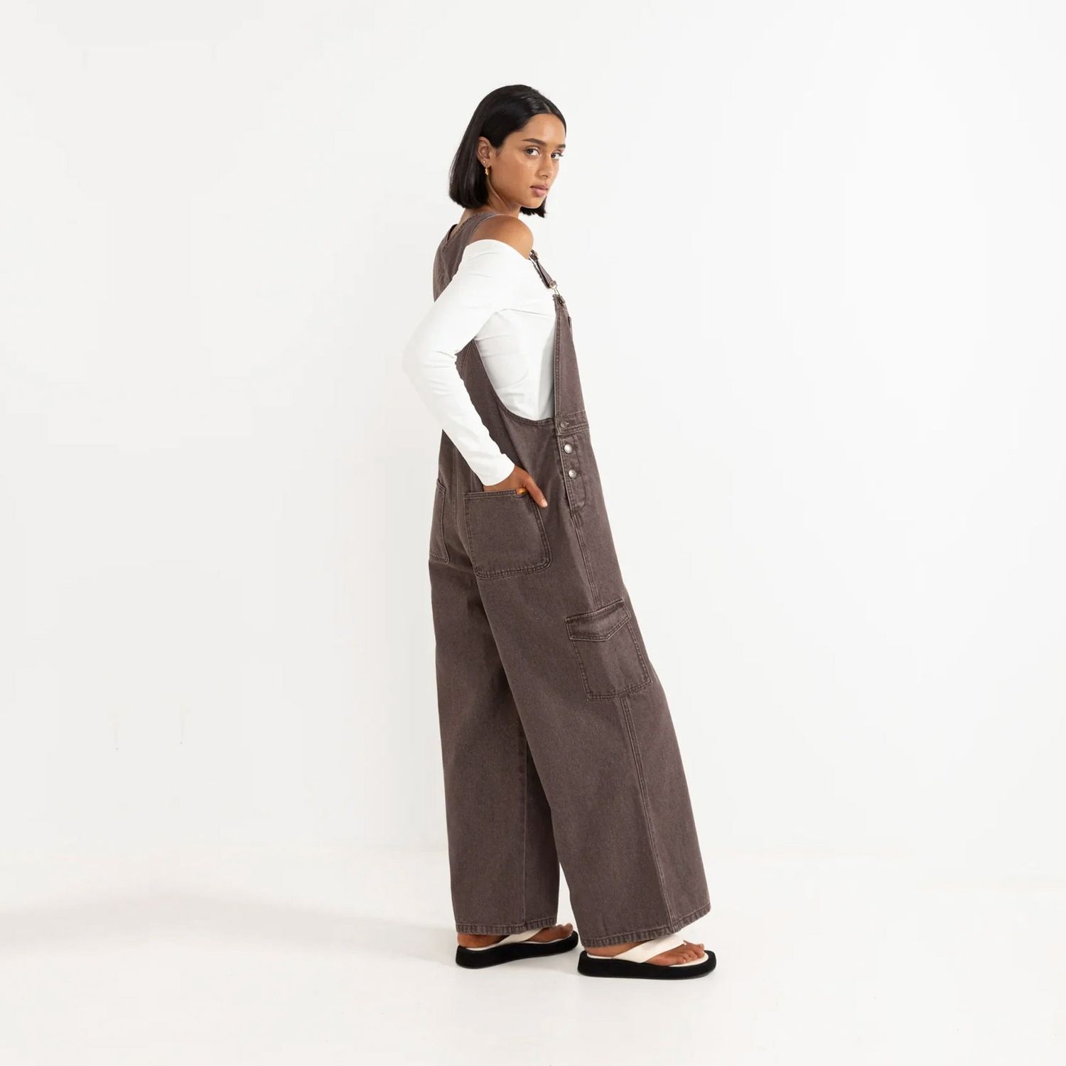 RHYTHM WOMENS CHARLIE WIDE LEG CARGO OVERALLS  - CHOCOLATE