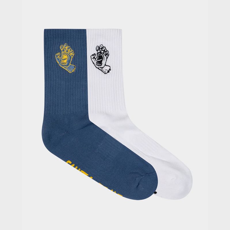 SANTA CRUZ MENS SCREAMING HAND STRIP CREW SOCK -  2 PACK - BLUE/WHITE