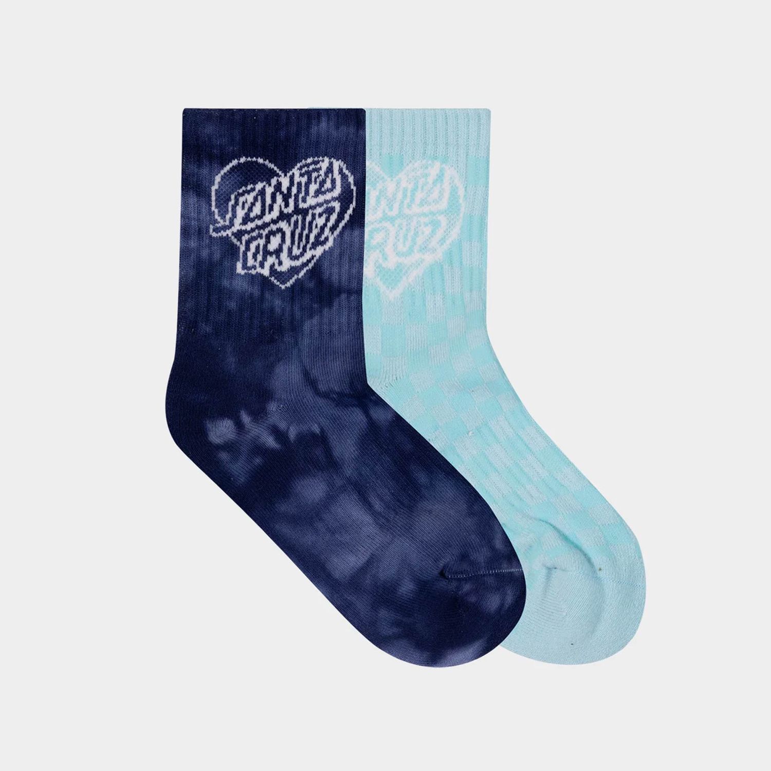 SANTA CRUZ GIRLS HEART DOT HOLLOW MID SOCK - 2 PACK - DARK BLUE TIE DYE / AQUA CHECK