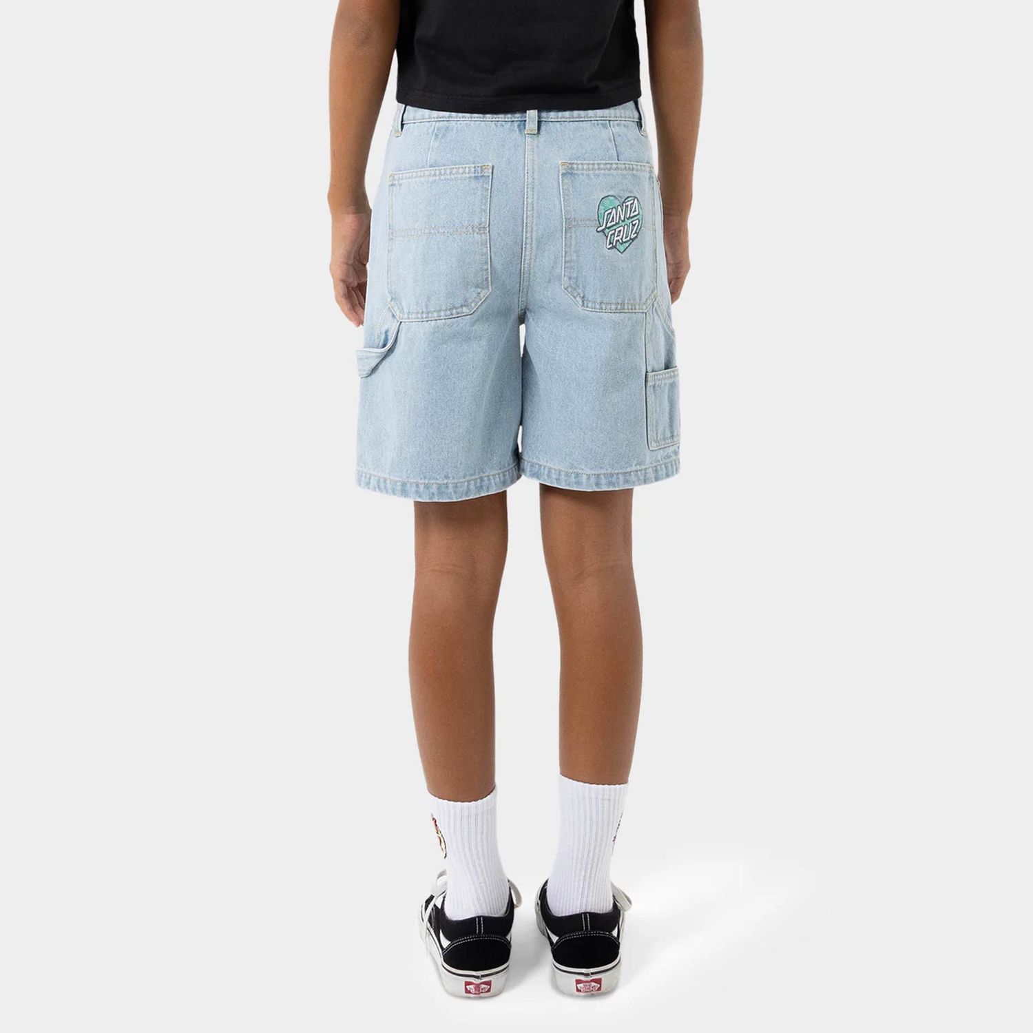 SANTA CRUZ GIRLS CHECKER HEART DOT CARPENTER JEAN SHORTS - LIGHT WASHED INDIGO