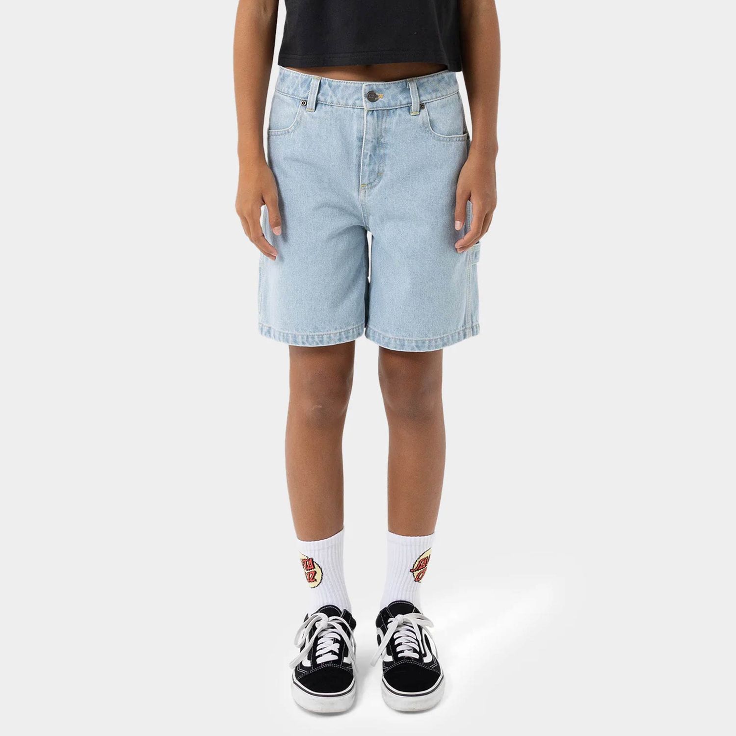 SANTA CRUZ GIRLS CHECKER HEART DOT CARPENTER JEAN SHORTS - LIGHT WASHED INDIGO