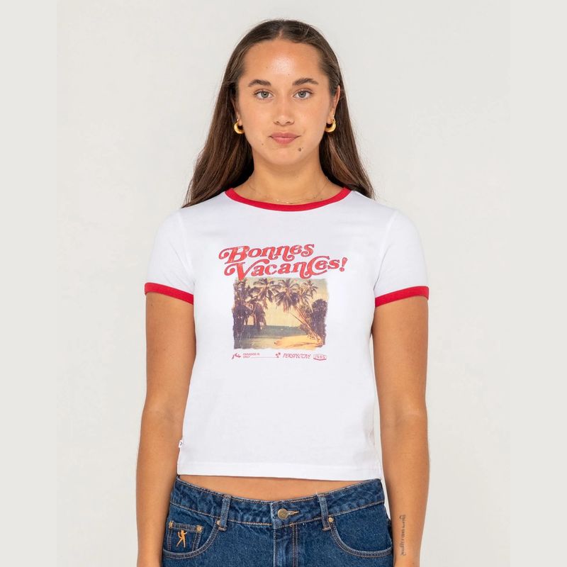RUSTY WOMENS BONNES VACANCES RINGER BABY SS TEE - WHITE