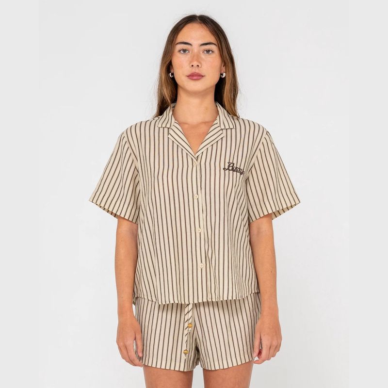 RUSTY WOMENS SANDY STRIPE SS SHIRT - OATMEAL STRIPE