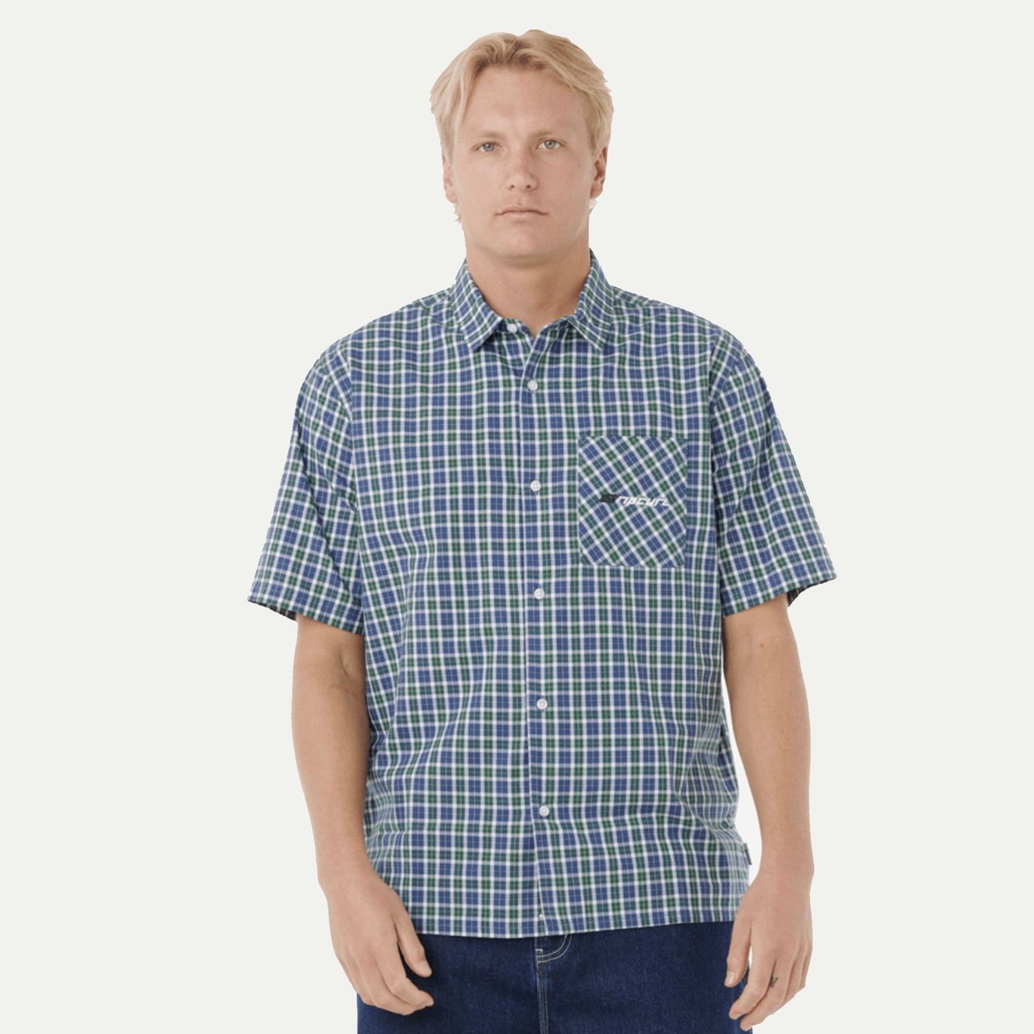 RIP CURL MENS ARCHVE SCRIPT PLAID SS SHIRT  -  LIGHT NAVY