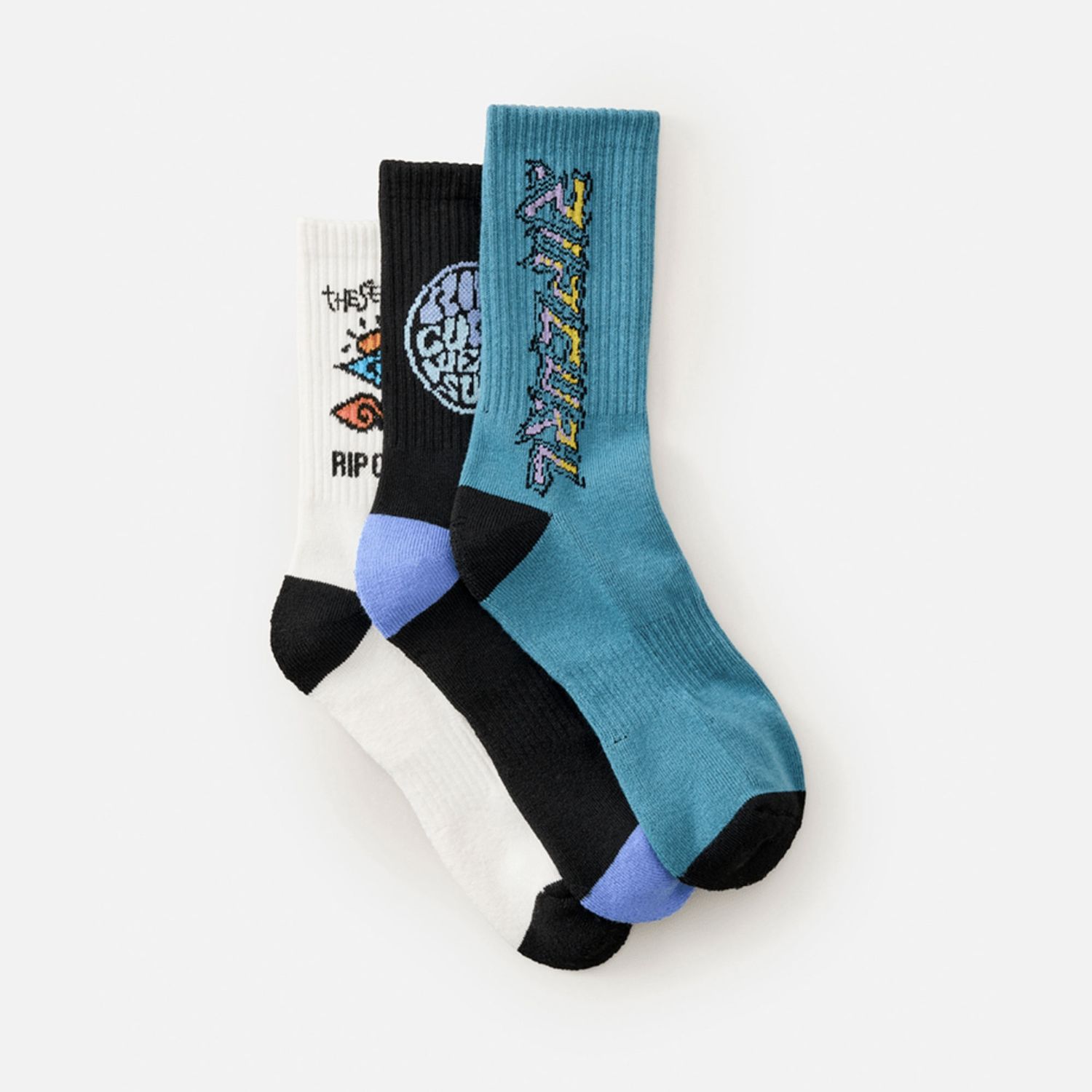 RIP CURL BOYS LOGO CREW SOCK - 3 PACK  -  BLACK/WHITE