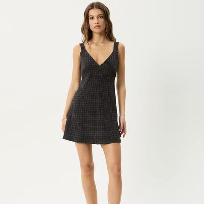 AFENDS WOMENS DUSK SEERSUCKER CHECK MINI DRESS - BLACK CHECK