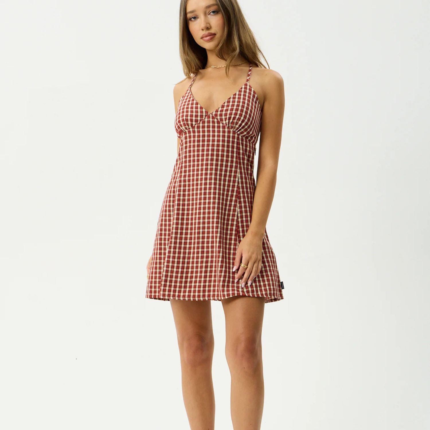 AFENDS WOMENS AUSTIN CHECK MINI DRESS - RED RUM