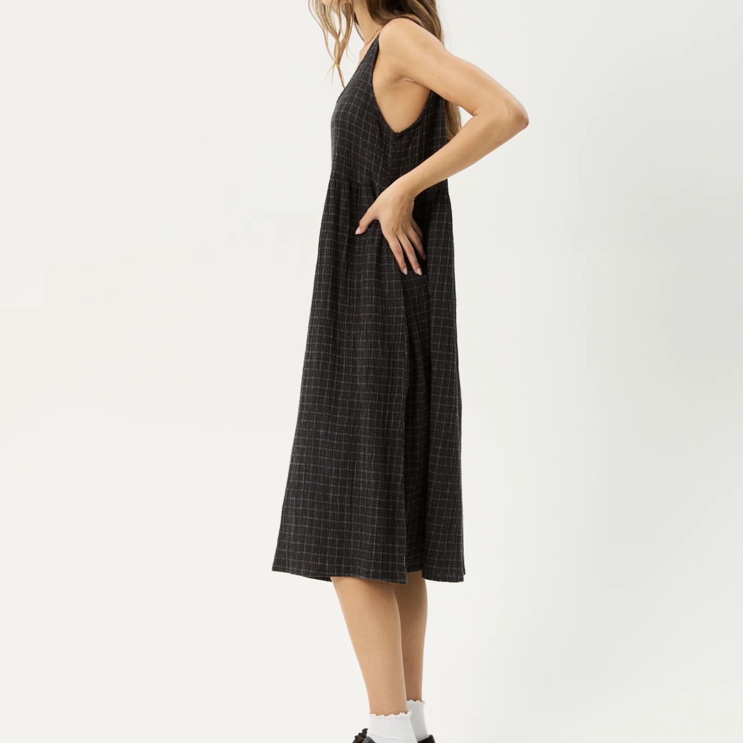AFENDS WOMENS DUSK SEERSUCKER MIDI DRESS - BLACK CHECK