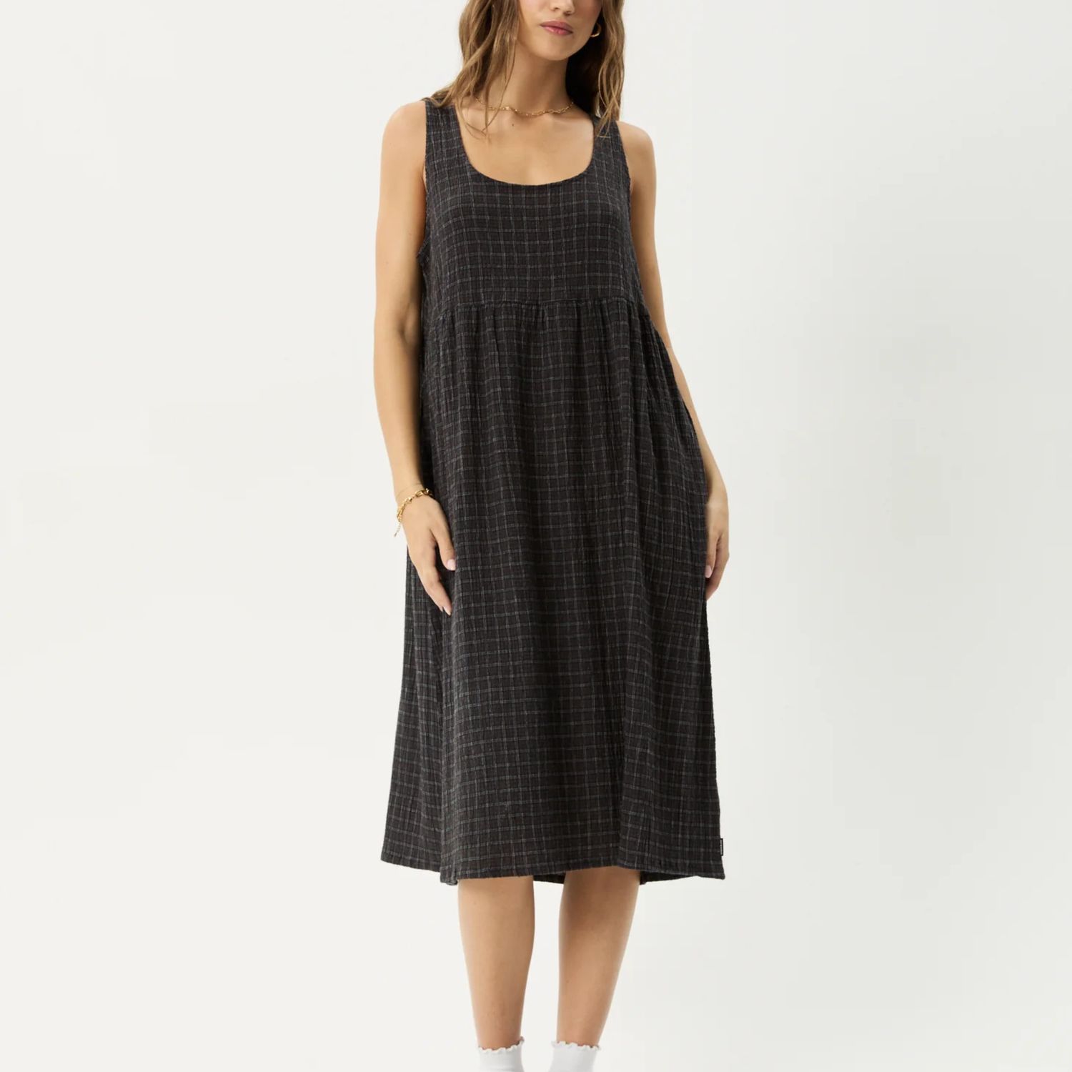 AFENDS WOMENS DUSK SEERSUCKER MIDI DRESS - BLACK CHECK