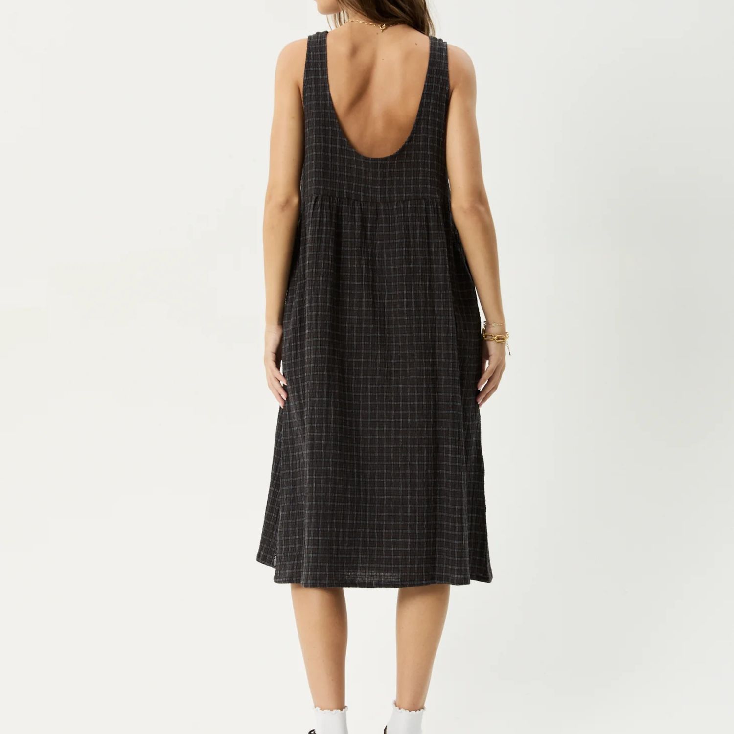AFENDS WOMENS DUSK SEERSUCKER MIDI DRESS - BLACK CHECK