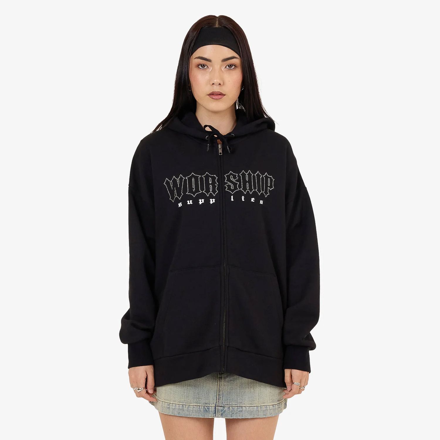 WORSHIP WOMENS GLITZ ZIP FRONT HOOD - BLACK