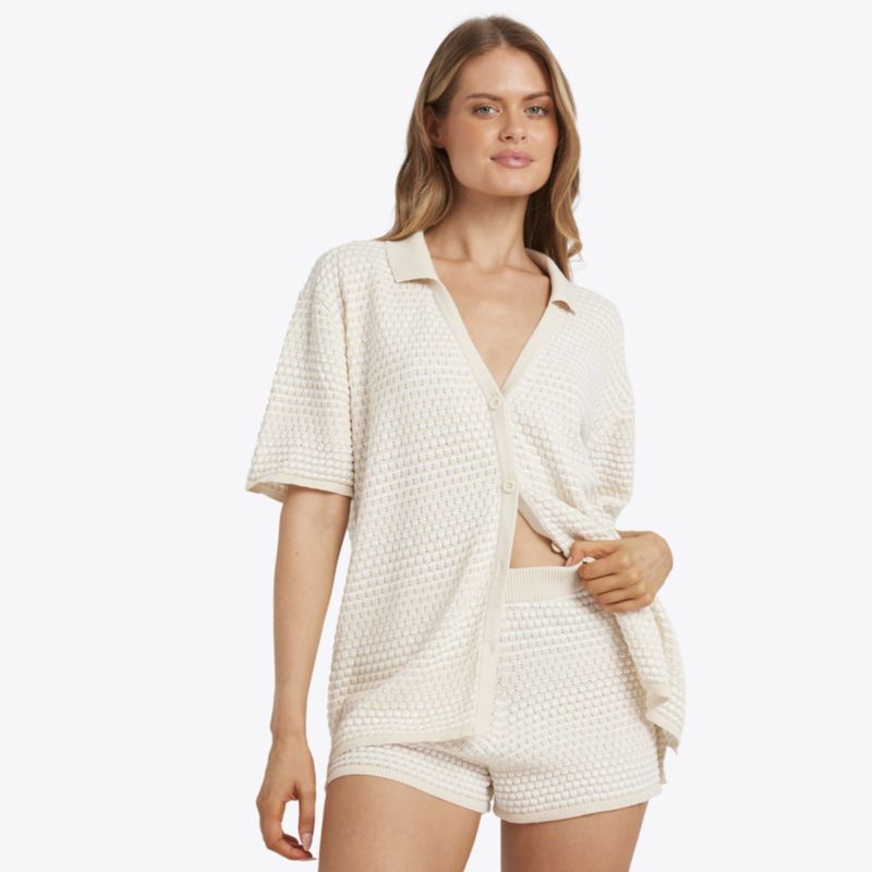 BILLABONG WOMENS SUN BUBBLE STRIPE SS KNIT SHIRT - WHITECAP