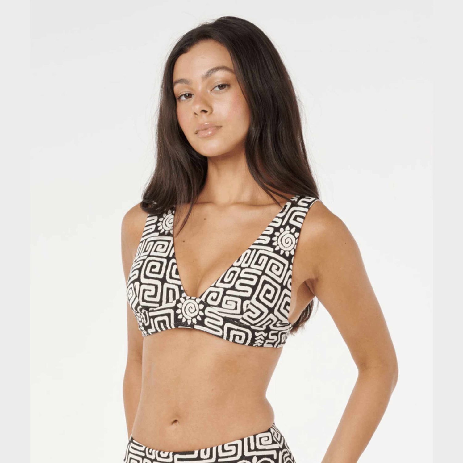 RIP CURL WOMENS SUNSET JACQUARD DEEP V BIKINI TOP - BLACK