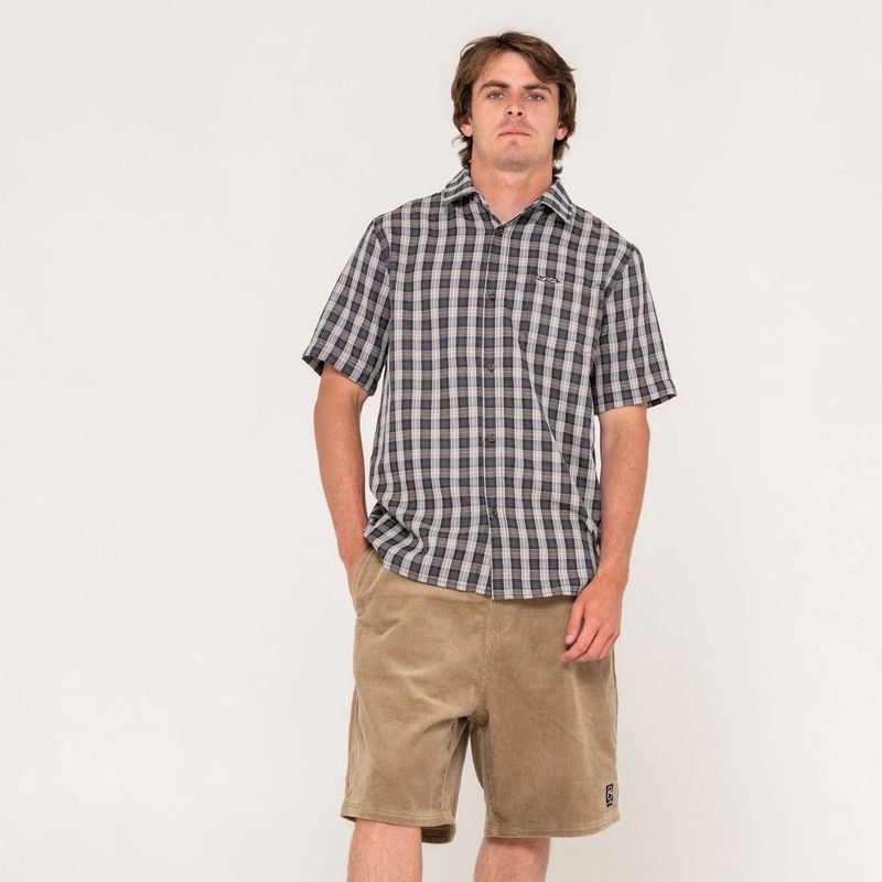 RUSTY MENS DATSUN CHECK SS SHIRT - BLACK