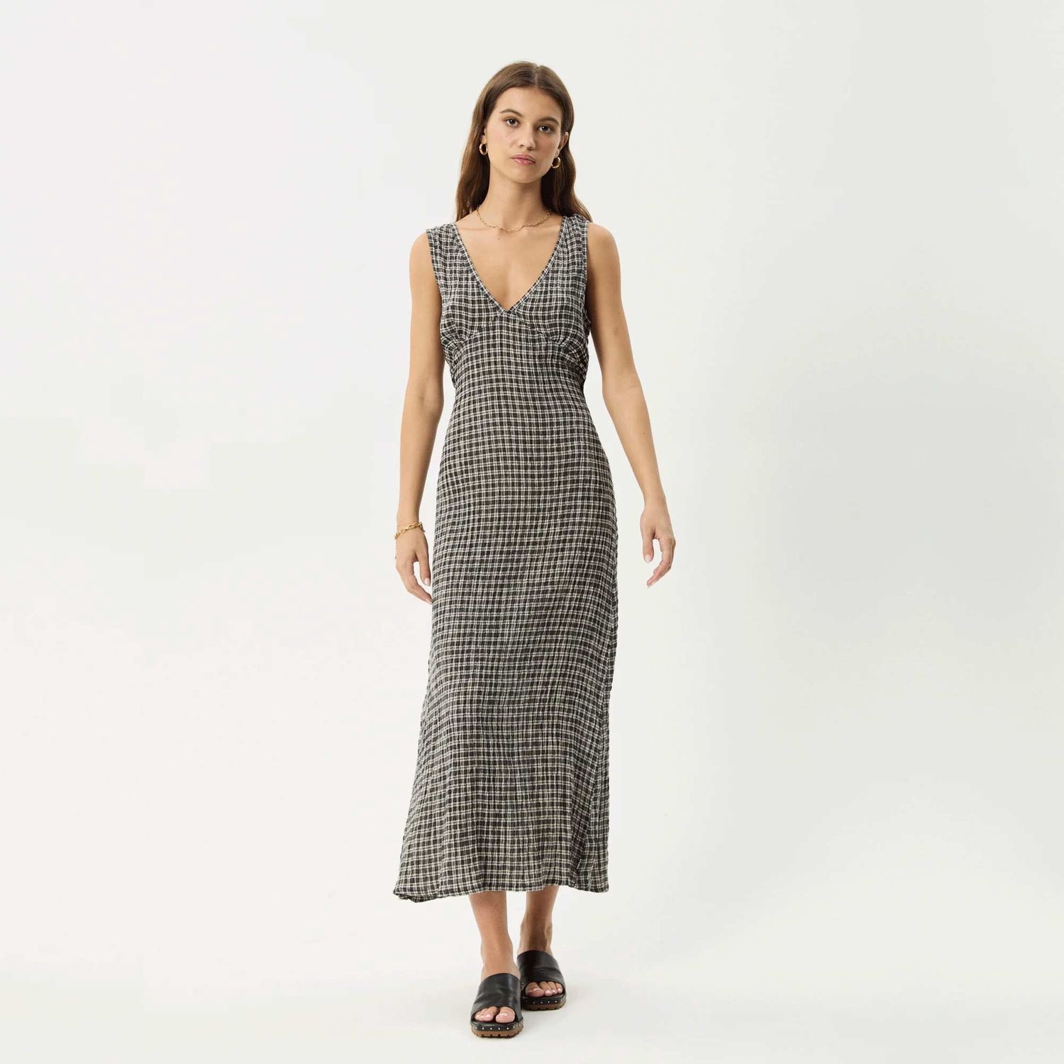 AFENDS LADIES ASTA SEERSUCKER MAXI DRESS - STEEL CHECK