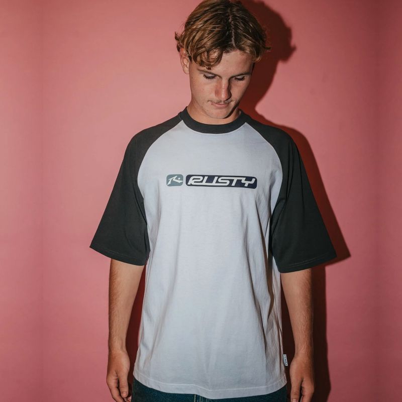 RUSTY MENS  BUBBLE RAGLAN SHORT SLEEVE TEE - WHITE
